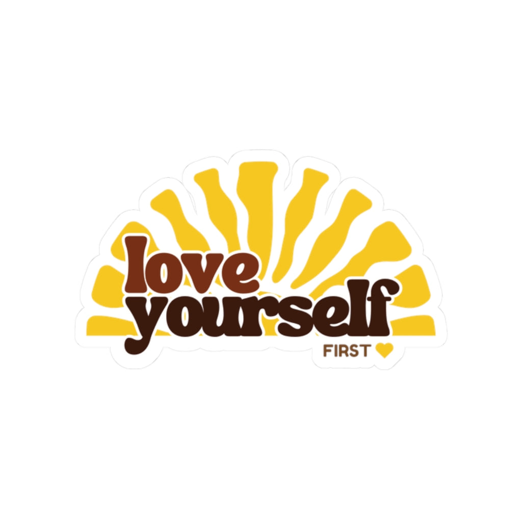 Love Yourself sunburst Kiss-Cut Sticker | retro typography, yellow brown