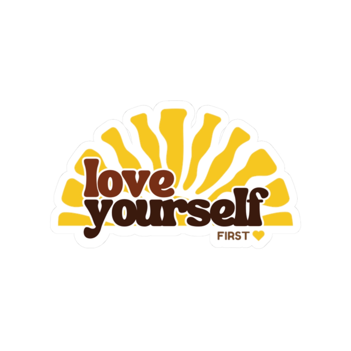 Love Yourself sunburst Kiss-Cut Sticker | retro typography, yellow brown