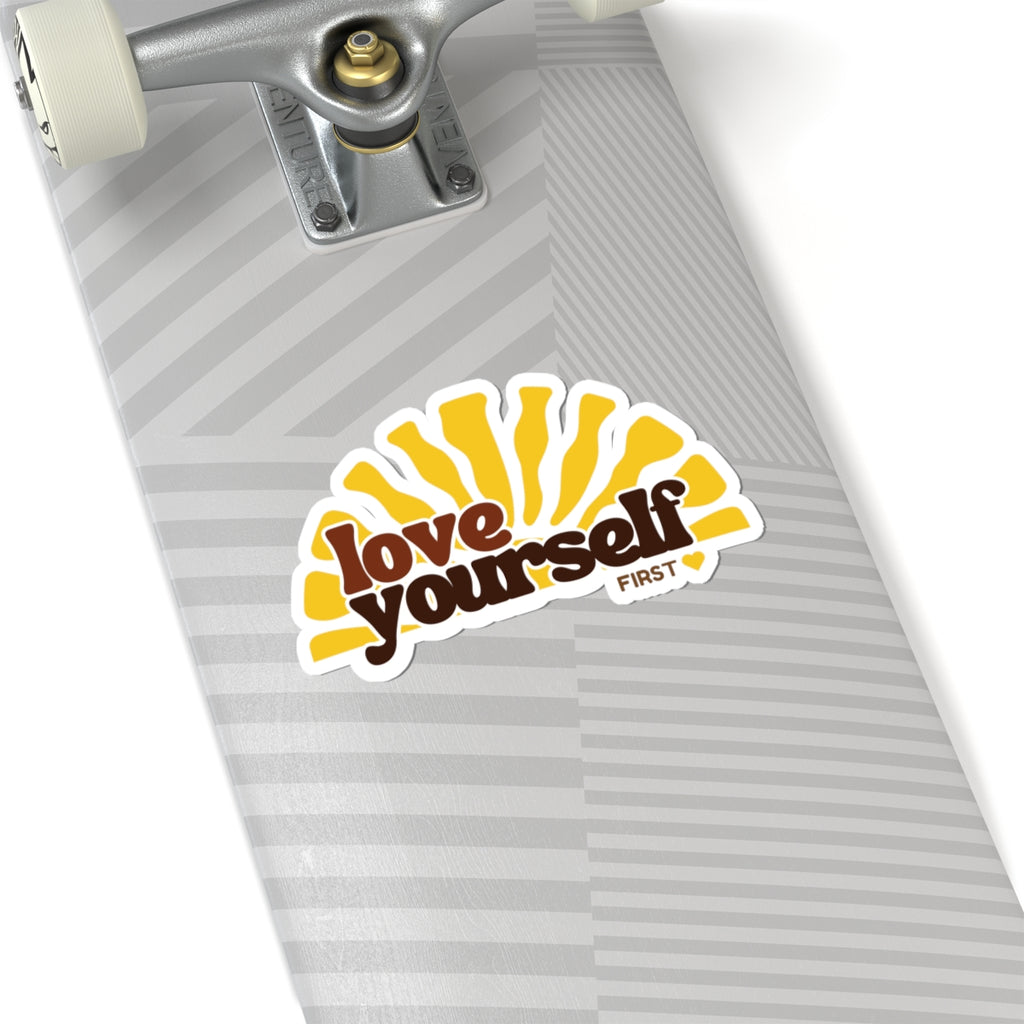 Love Yourself sunburst Kiss-Cut Sticker | retro typography, yellow brown