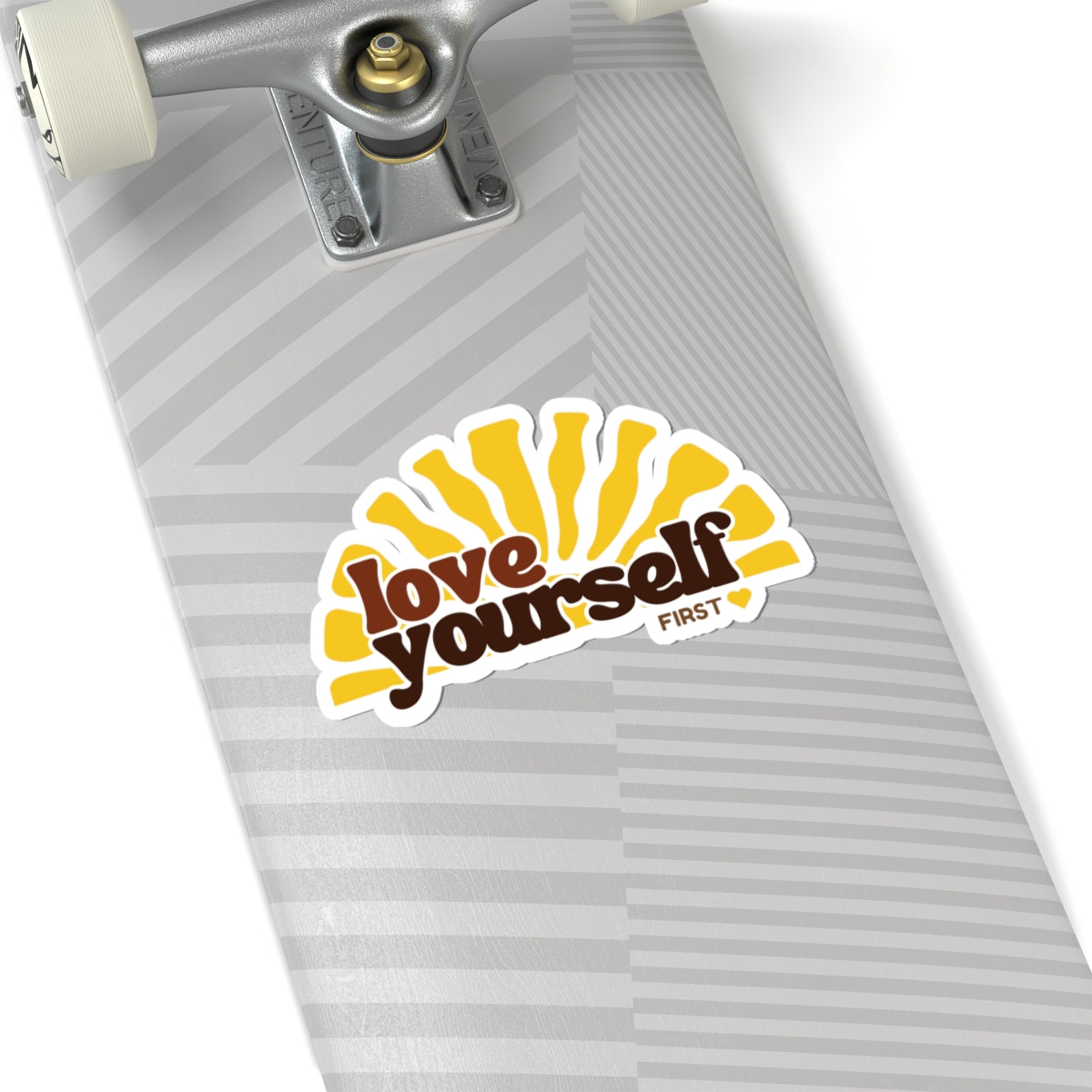 Love Yourself sunburst Kiss-Cut Sticker | retro typography, yellow brown