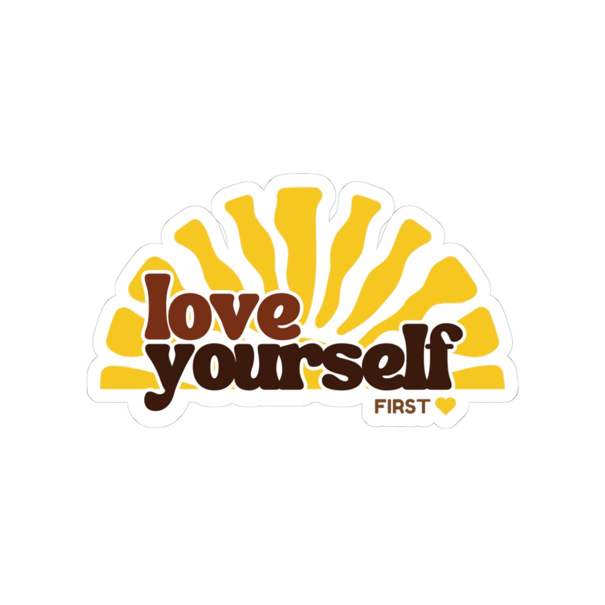 Love Yourself sunburst Kiss-Cut Sticker | retro typography, yellow brown