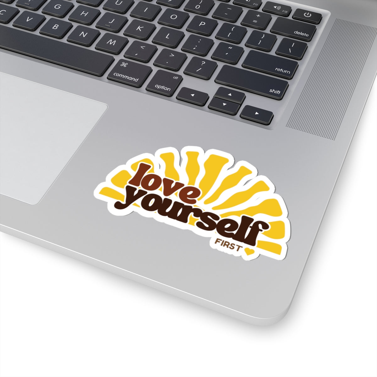 Love Yourself sunburst Kiss-Cut Sticker | retro typography, yellow brown