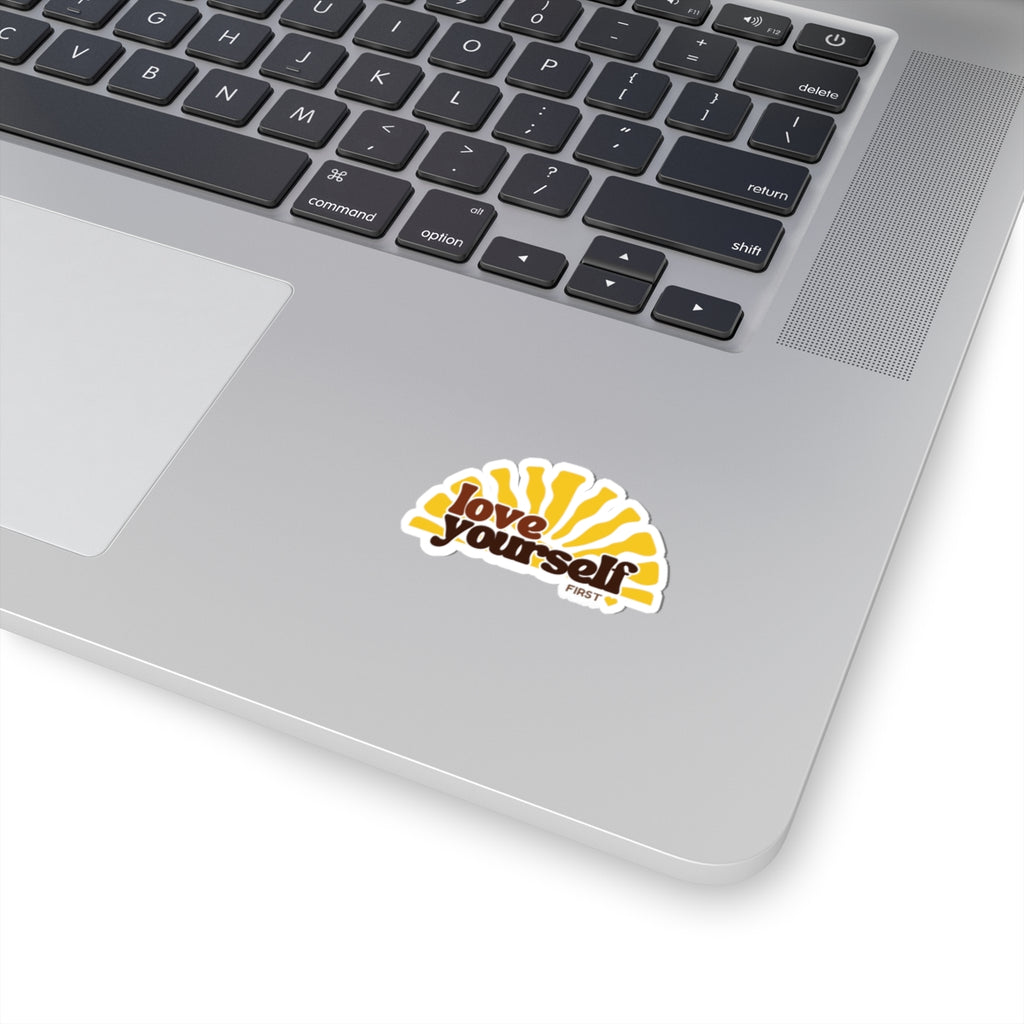 Love Yourself sunburst Kiss-Cut Sticker | retro typography, yellow brown