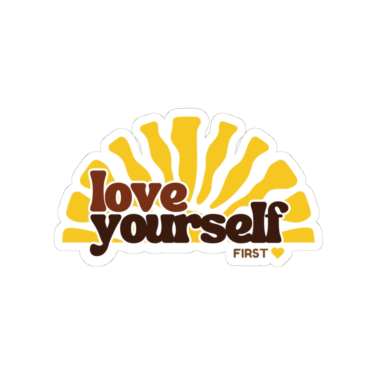 Love Yourself sunburst Kiss-Cut Sticker | retro typography, yellow brown