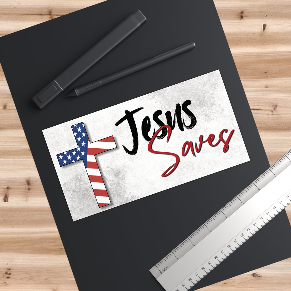 Jesus Saves American Flag Cross Sticker — Patriotic Christian Bumper Sticker