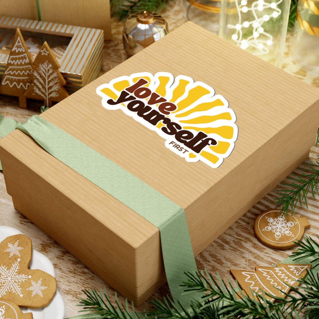 Love Yourself sunburst Kiss-Cut Sticker | retro typography, yellow brown
