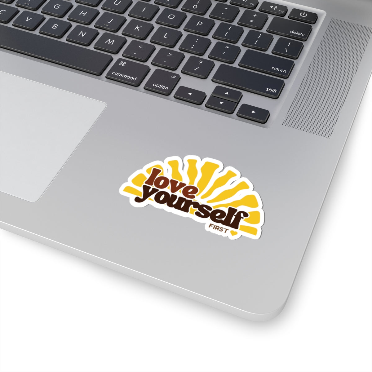 Love Yourself sunburst Kiss-Cut Sticker | retro typography, yellow brown
